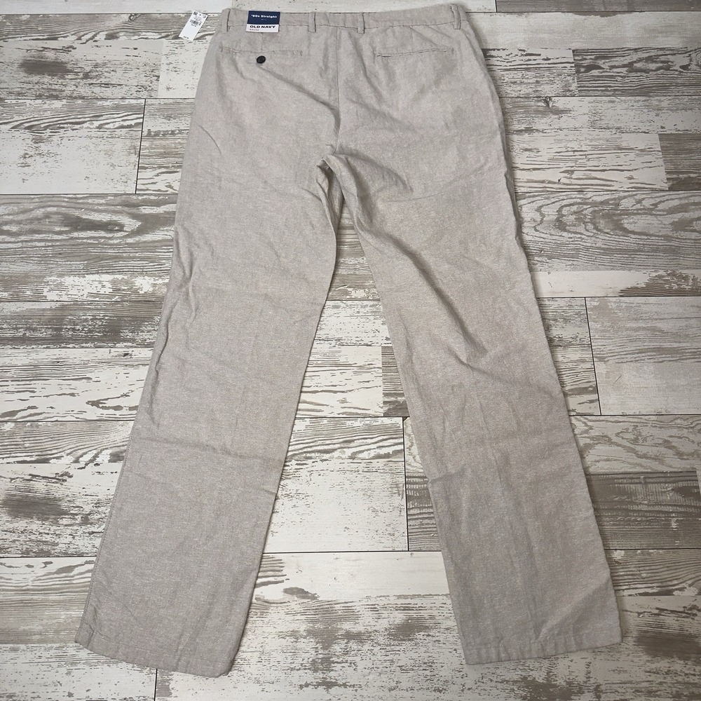 Old Navy Pants Mens 34x32 Beige 90s Straight Linen Blend Chino New Flat Front - Picture 10 of 12